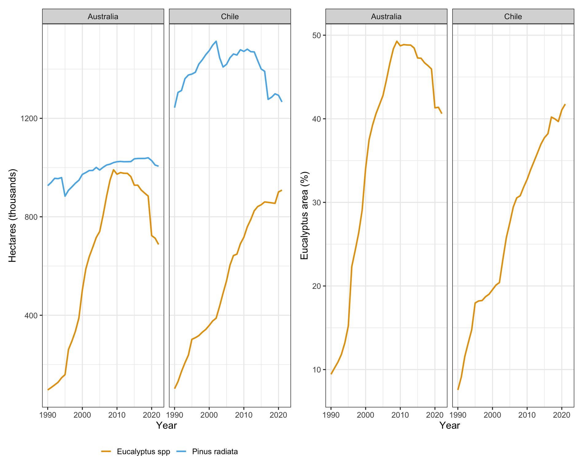 Participation of *Eucalyptus* spp on the total forest estate in hectares (left) and as a percentage (right).