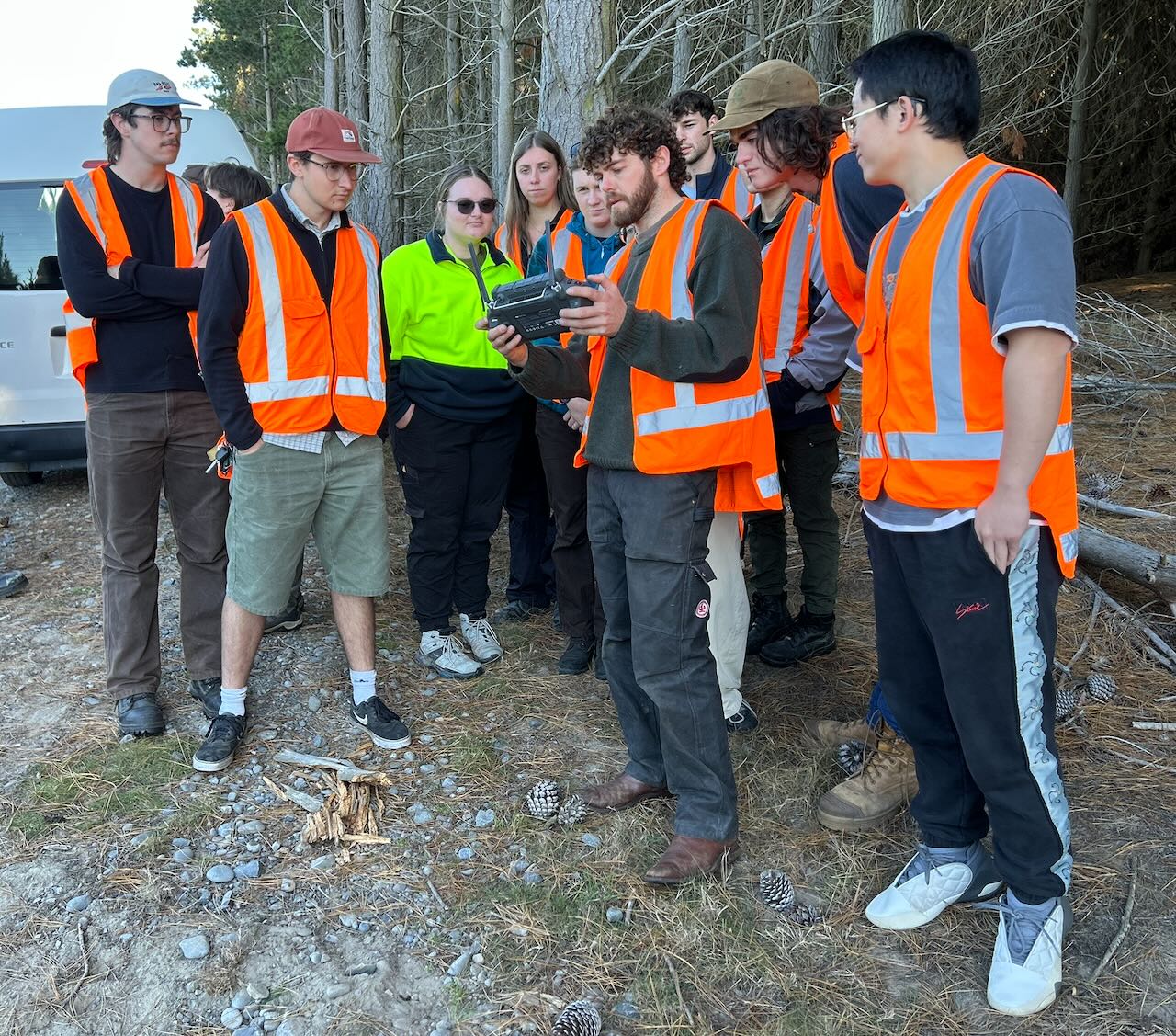 Forestry students in a tree breeding field visit. Drones are always cool