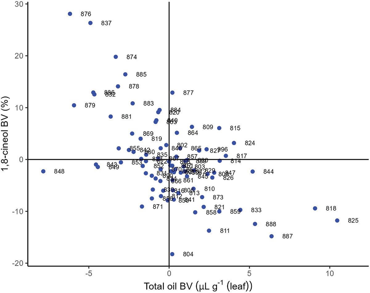 Negative genetic relationship between cineole yield and total oil production.