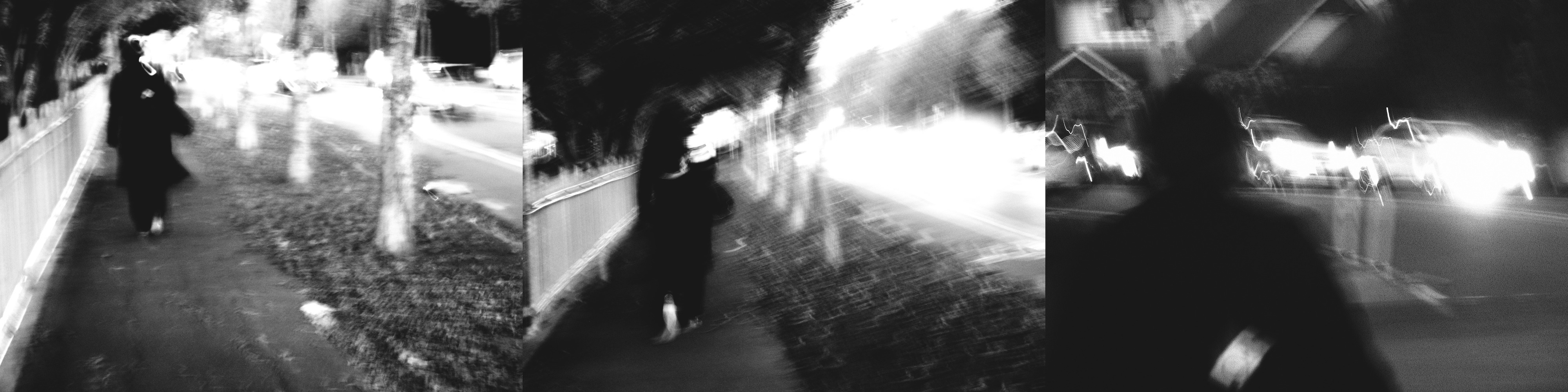 Person walking on the sidewalk with fence on the left and trees on the right. There are three photos side by side, from left to right each one is closer than the previous one, taken with an old Nikon P7100 + Fuji Neopan 1600 simulation. Christchurch