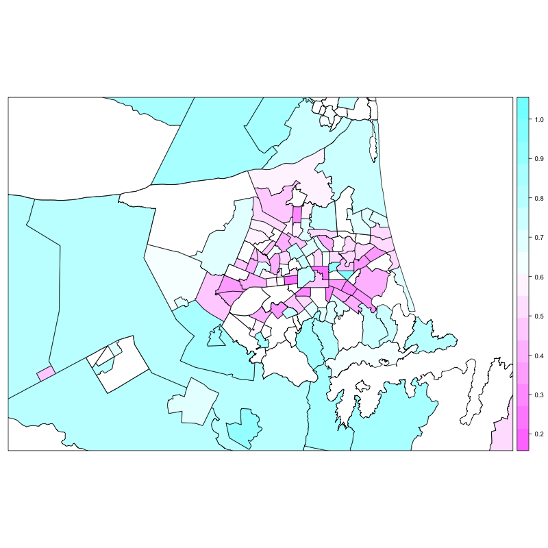 Ethnic diversity in schools at the Census Area Unit level (0 very diverse, 1 not diverse at all).