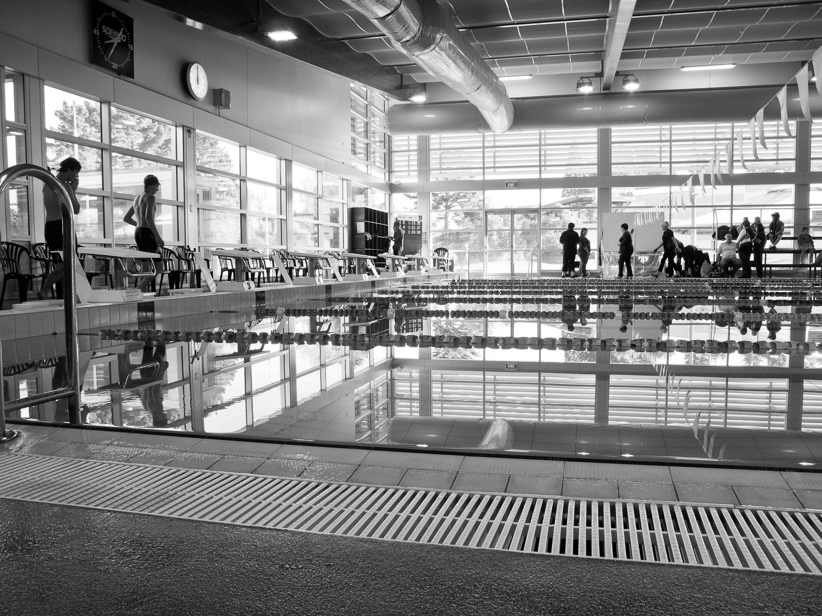 Swimmers preparing for friendly competition, Jellie Park, Christchurch.