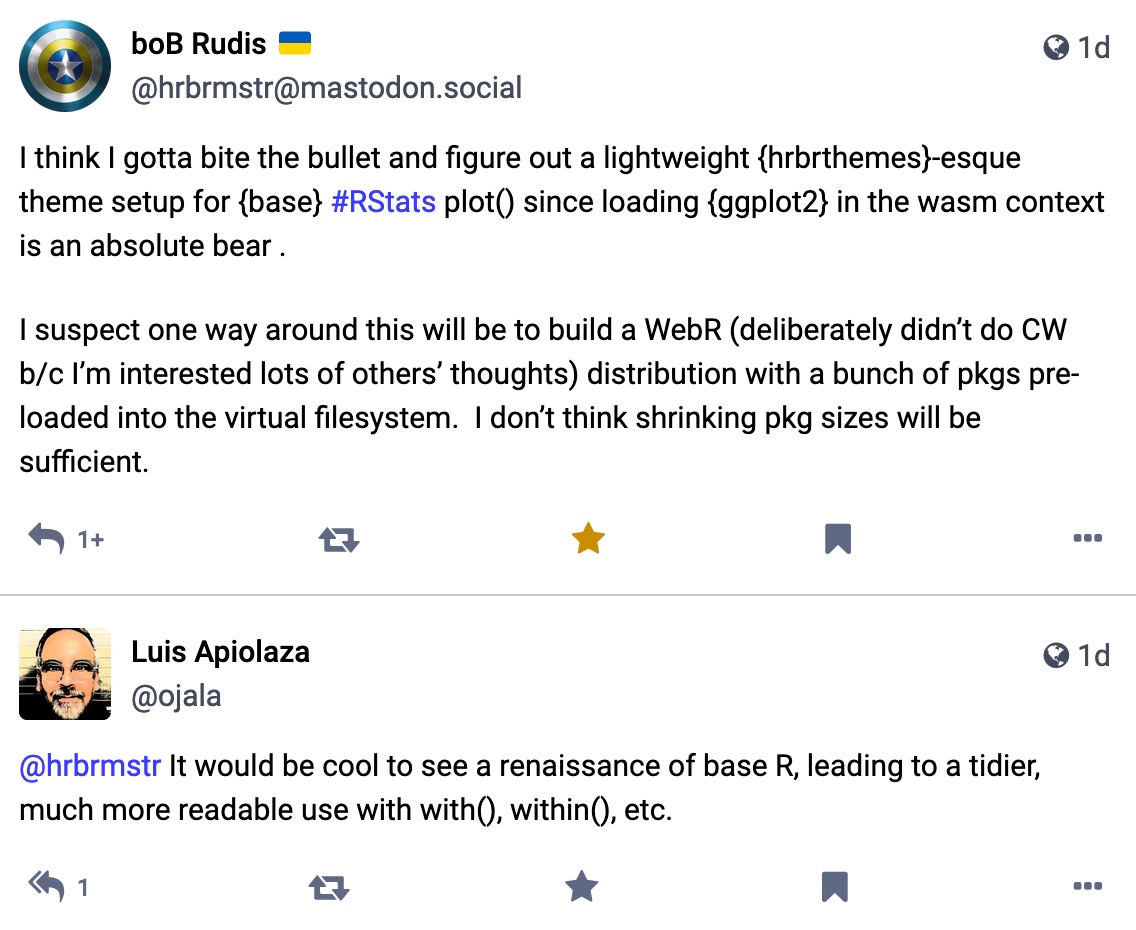 Exchanging ideas on webR: packages are a pain, perhaps a base-R renaissance.