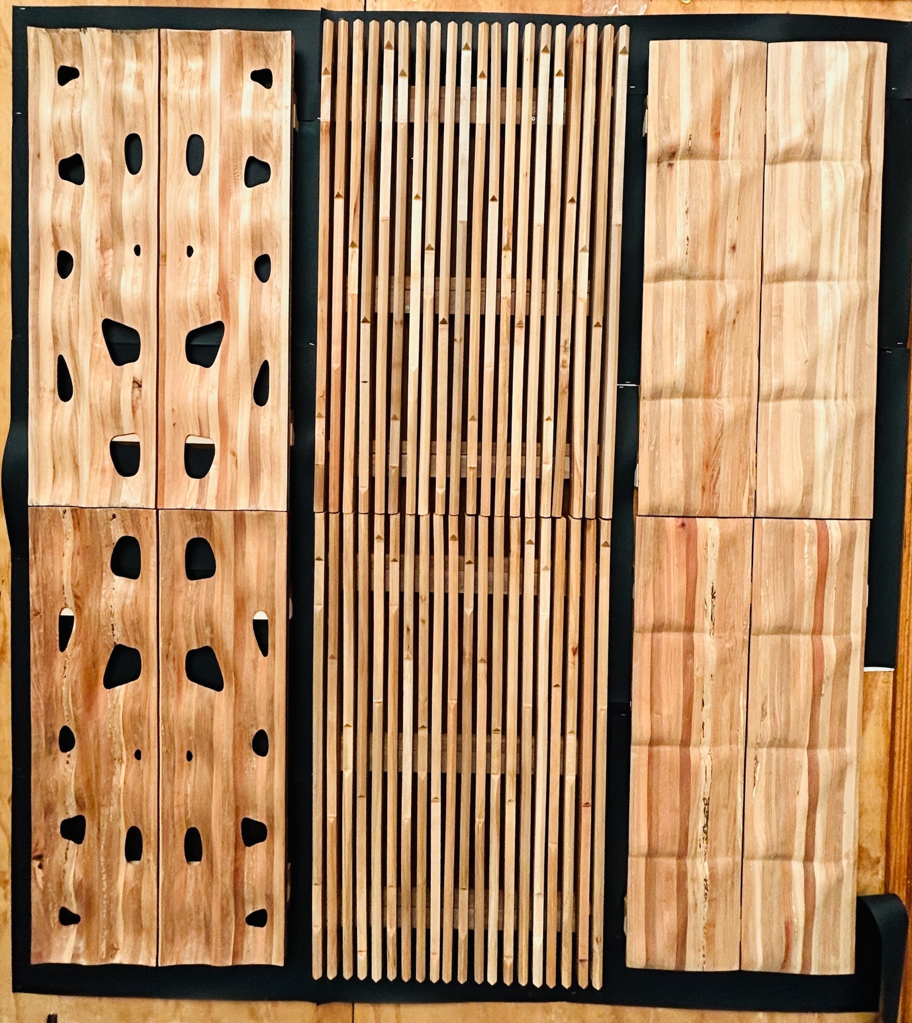 Wood panels with different degrees of complexity.