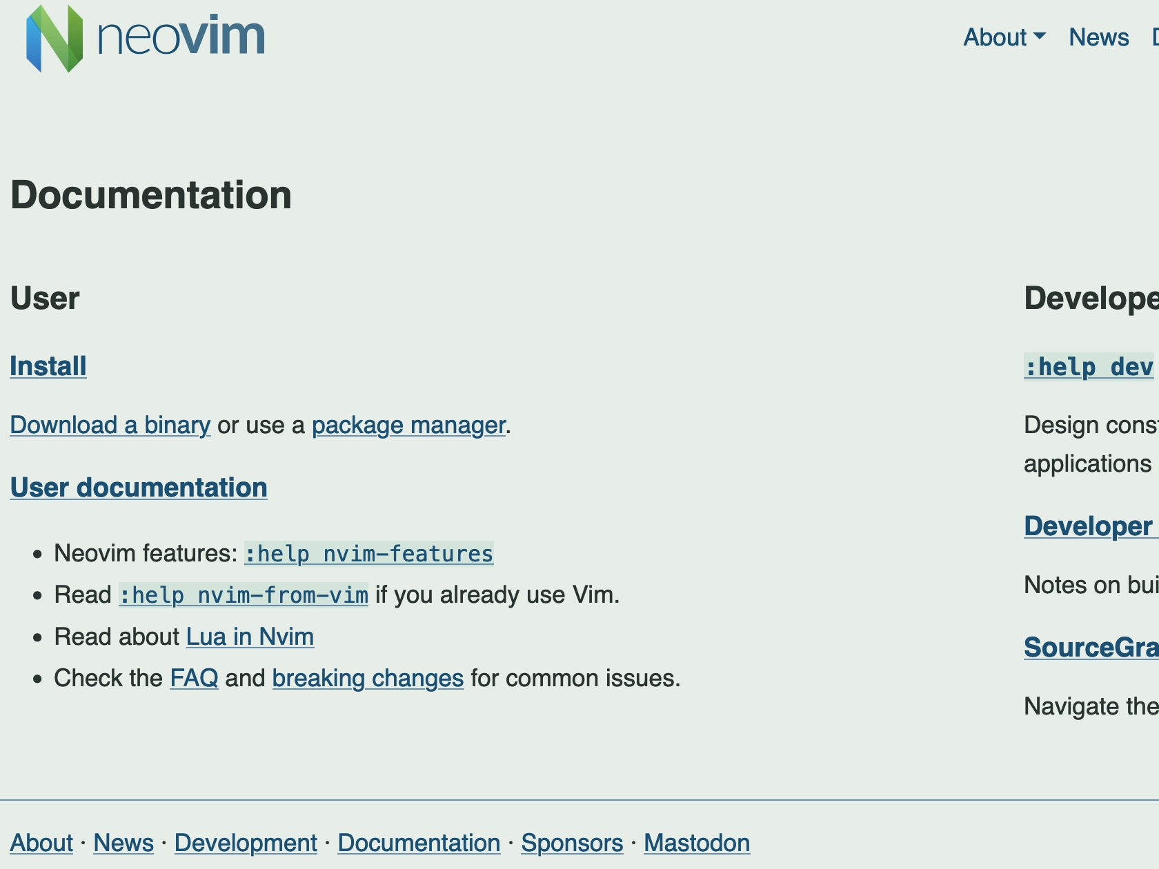 Screenshot of Neovim's webpage